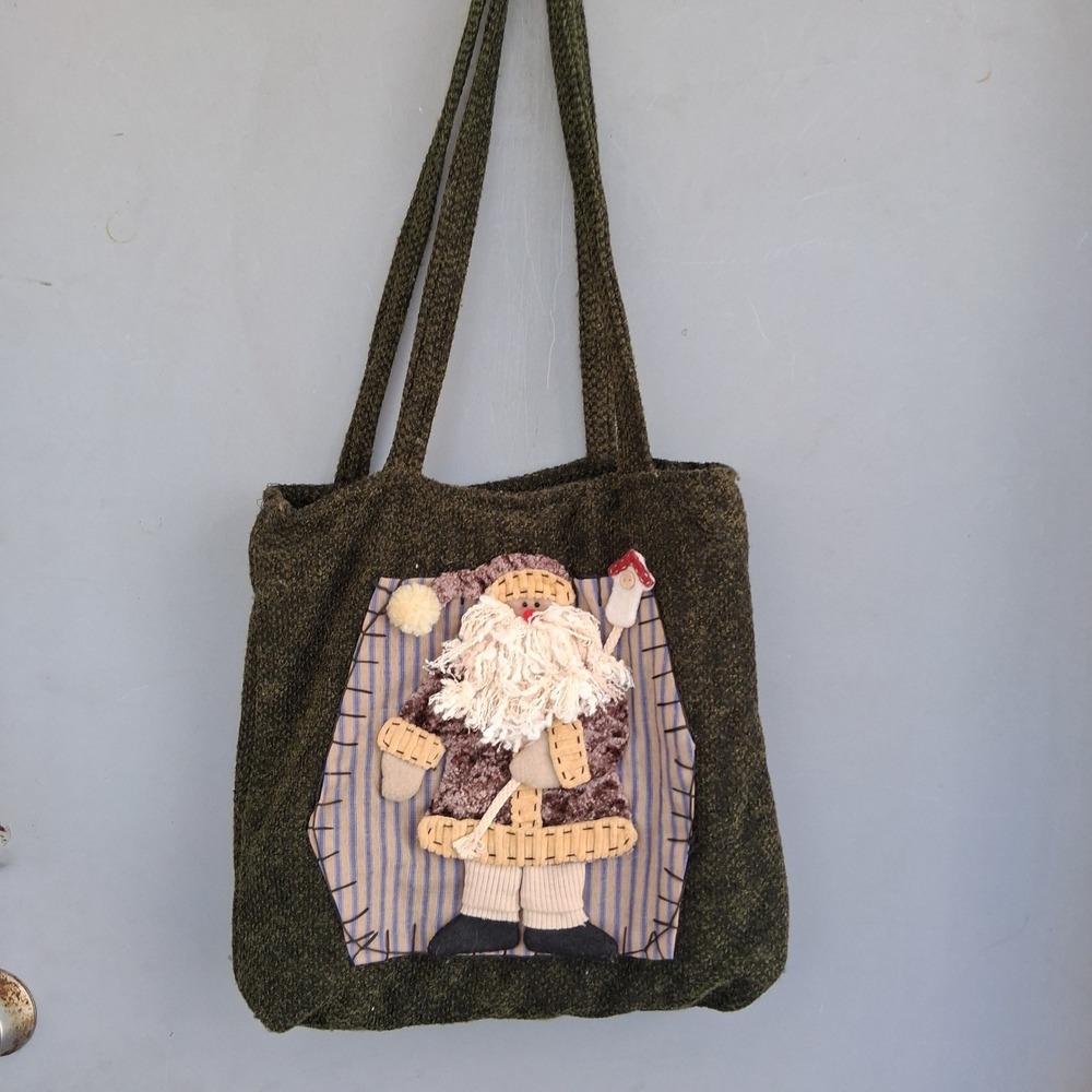 Vintage Style Santa Claus Folk Art Woven Tote Bag Olive Green Holiday Christmas
